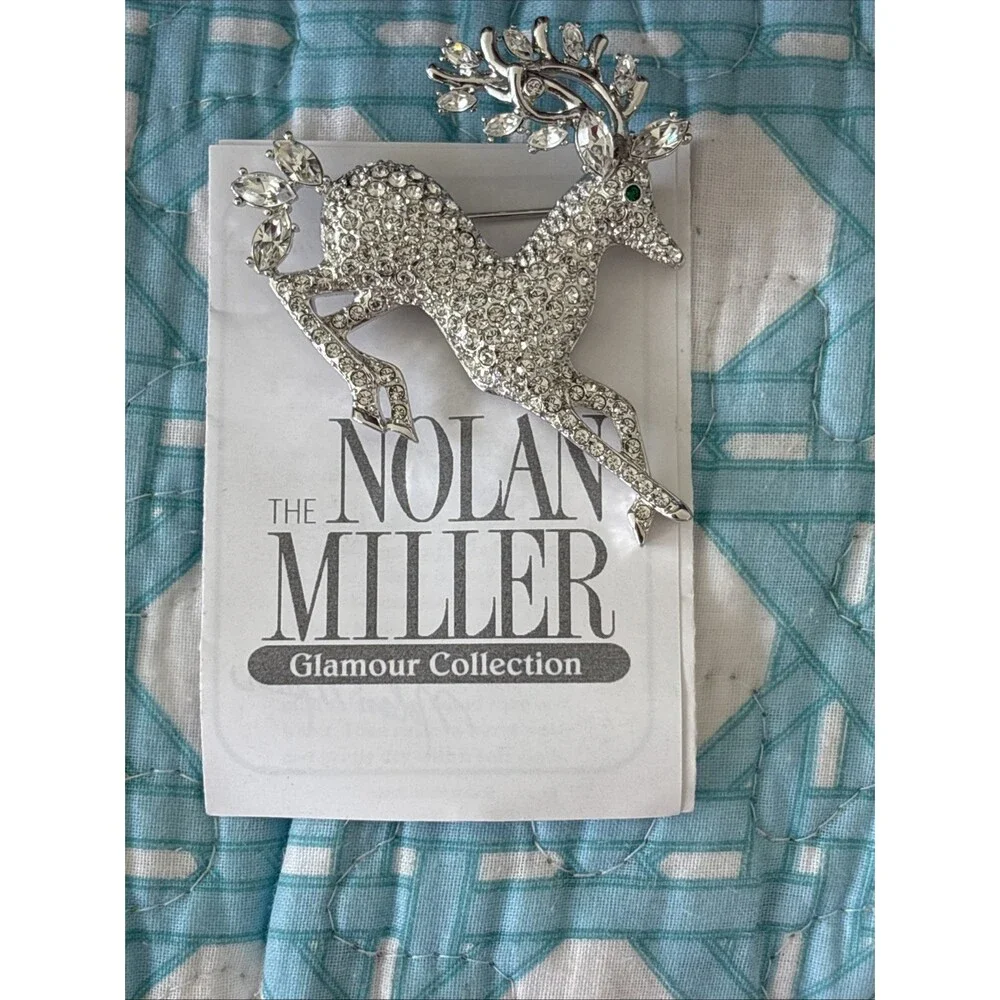 Vintage Nolan Miller Glamour Collection Crystal Pave Reindeer Pin Brooch Silver